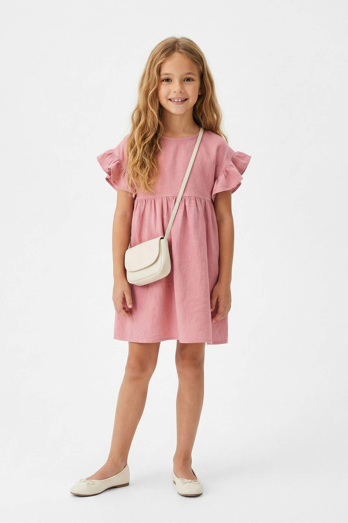 TRENDYOLKIDS Gül Kurusu Mädchen-Musselin-Kurzkleid/Mini-Kleid aus einfarbigem...
