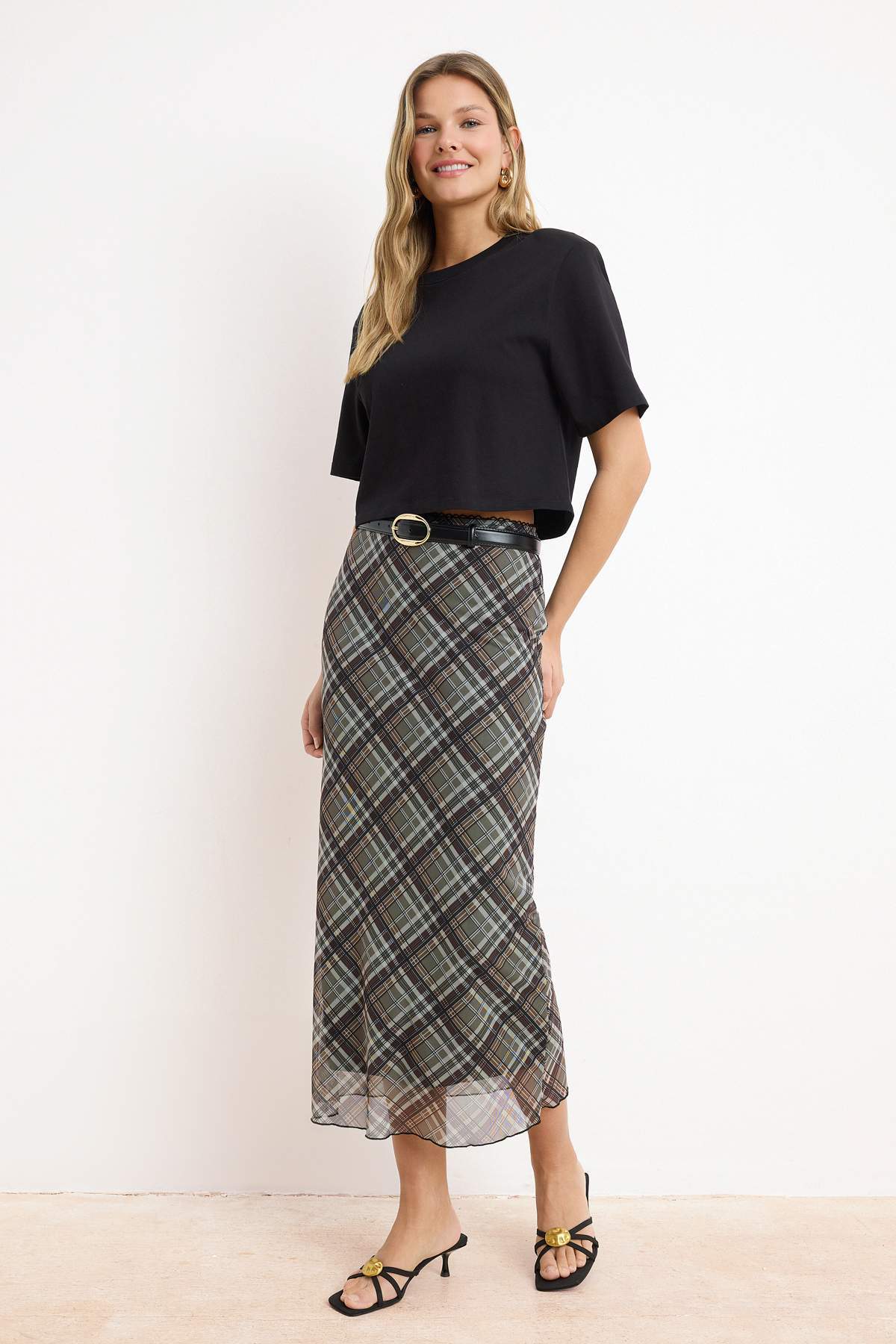 Trendyolmilla  Çok Renkli Ekose Desenli Tül Dantel detaylı Esnek Etek TWOSS25ET00153 - Görsel 2