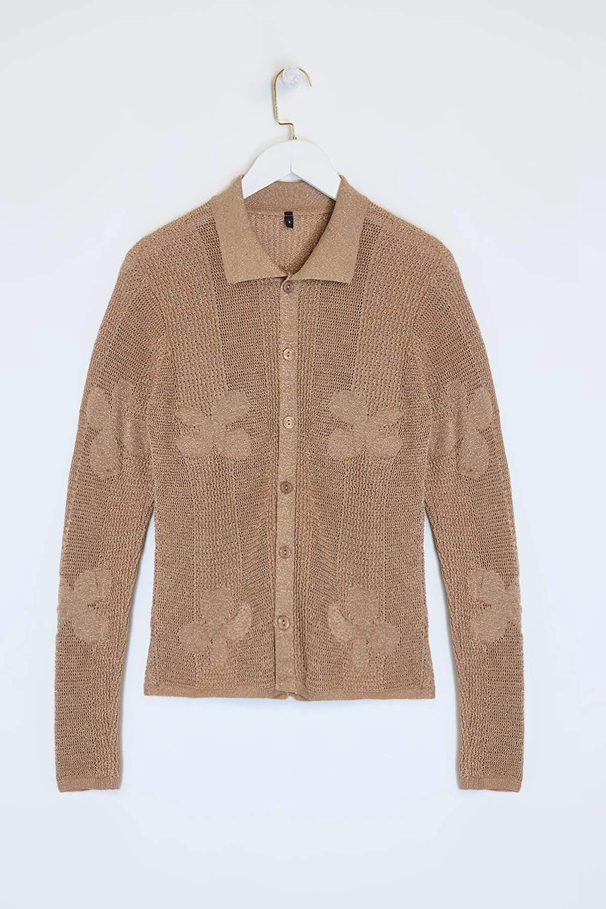 Trendyolmilla  Camel Polo Yaka Ajurlu/Delikli Nakışlı Triko Hırka TWOSS26HI00011 - Görsel 6