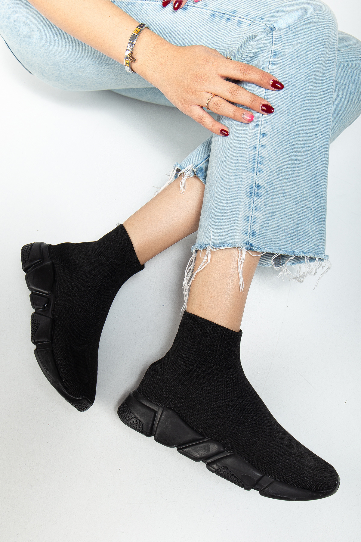 Mirkada Unisex Siyah Çorap Model Bilekli Triko Bağcıksız Sneaker Yürüyüş Spor Ayakkabı Rahat Kalıp görsel 3