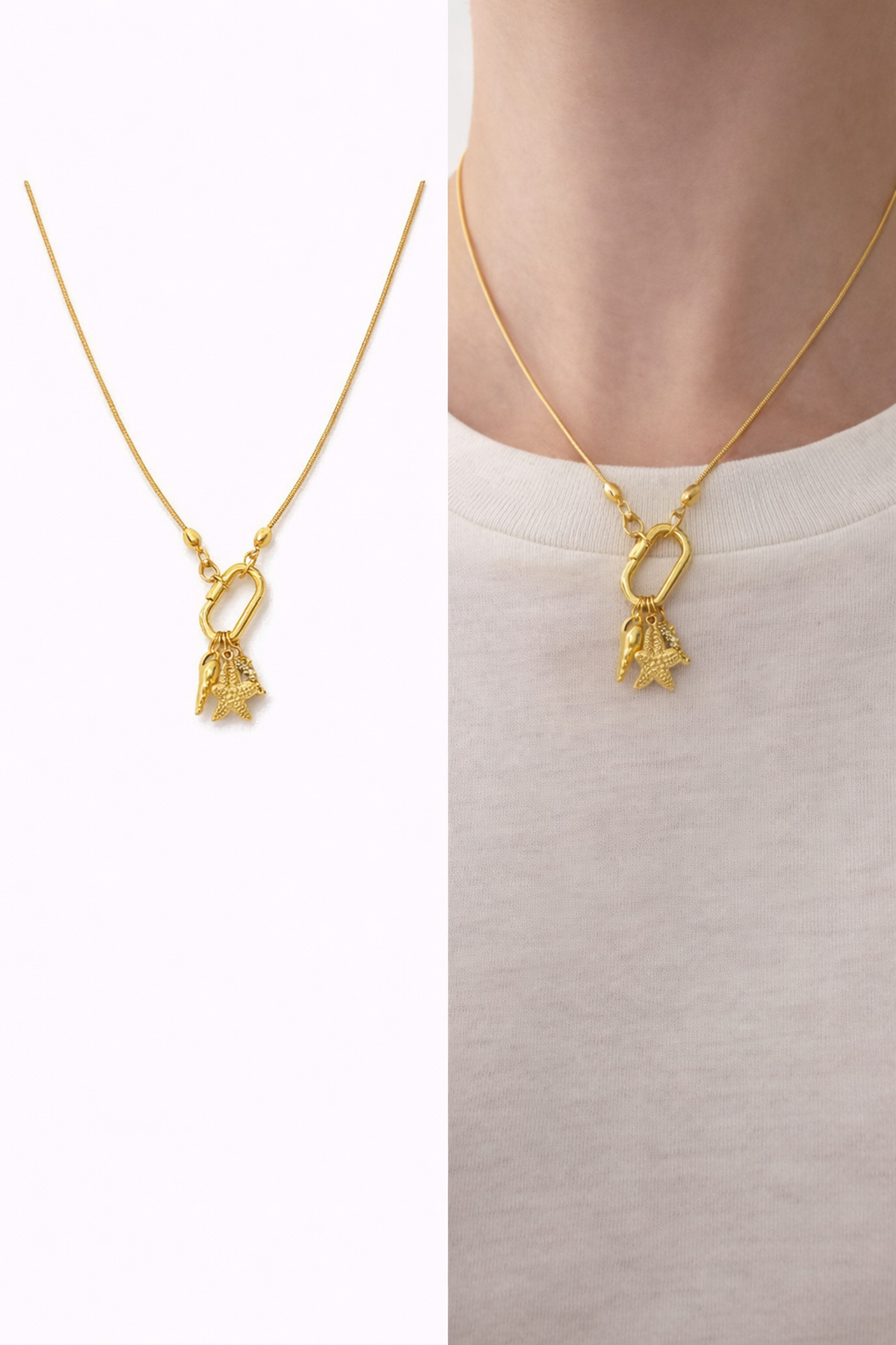 Balık, Yıldız ve Deniz Kabuğu Charm Çelik Zincirli Gold Kadın Kolye (45 cm) – Sevgililer Günü Özel - Detay Görseli 5