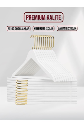 SDF Askı Beyaz Ahşap Gold Lama Kancalı Elbise Pantolon Askısı 10 adet