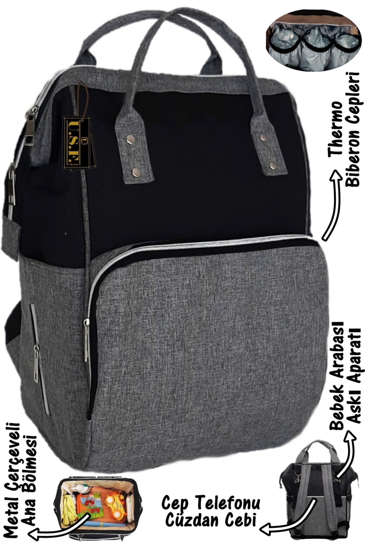 USF Gri Siyah Anne Bebek Bakım Çantası + Portbebe Ana Kucağı Puset Ikili Set fotoğrafı 2 (önizleme)