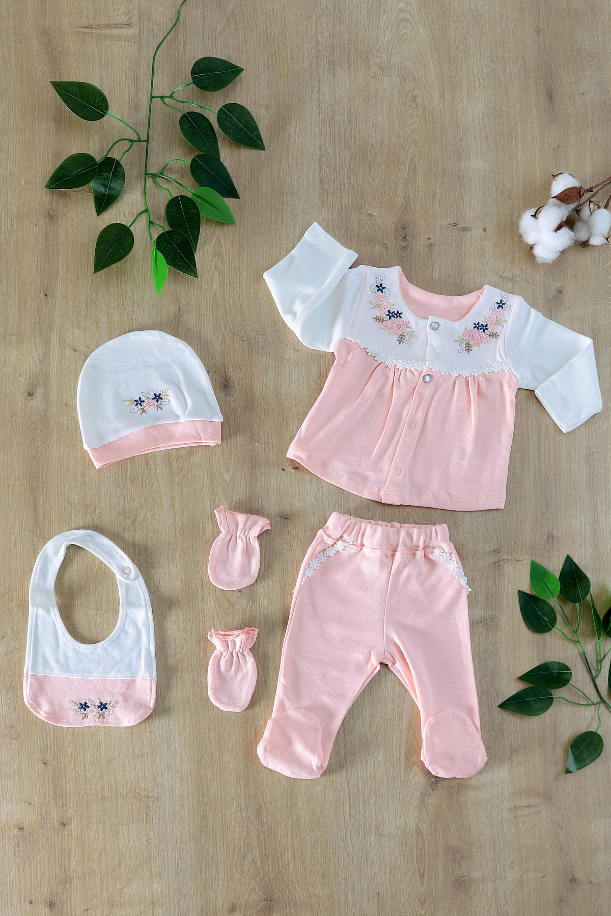 Sitilin Kız Bebek Organik Natural Somon 5’li Hastane Çıkışı %100 Pamuk Yenidoğan Seti fotoğrafı 2 (önizleme)