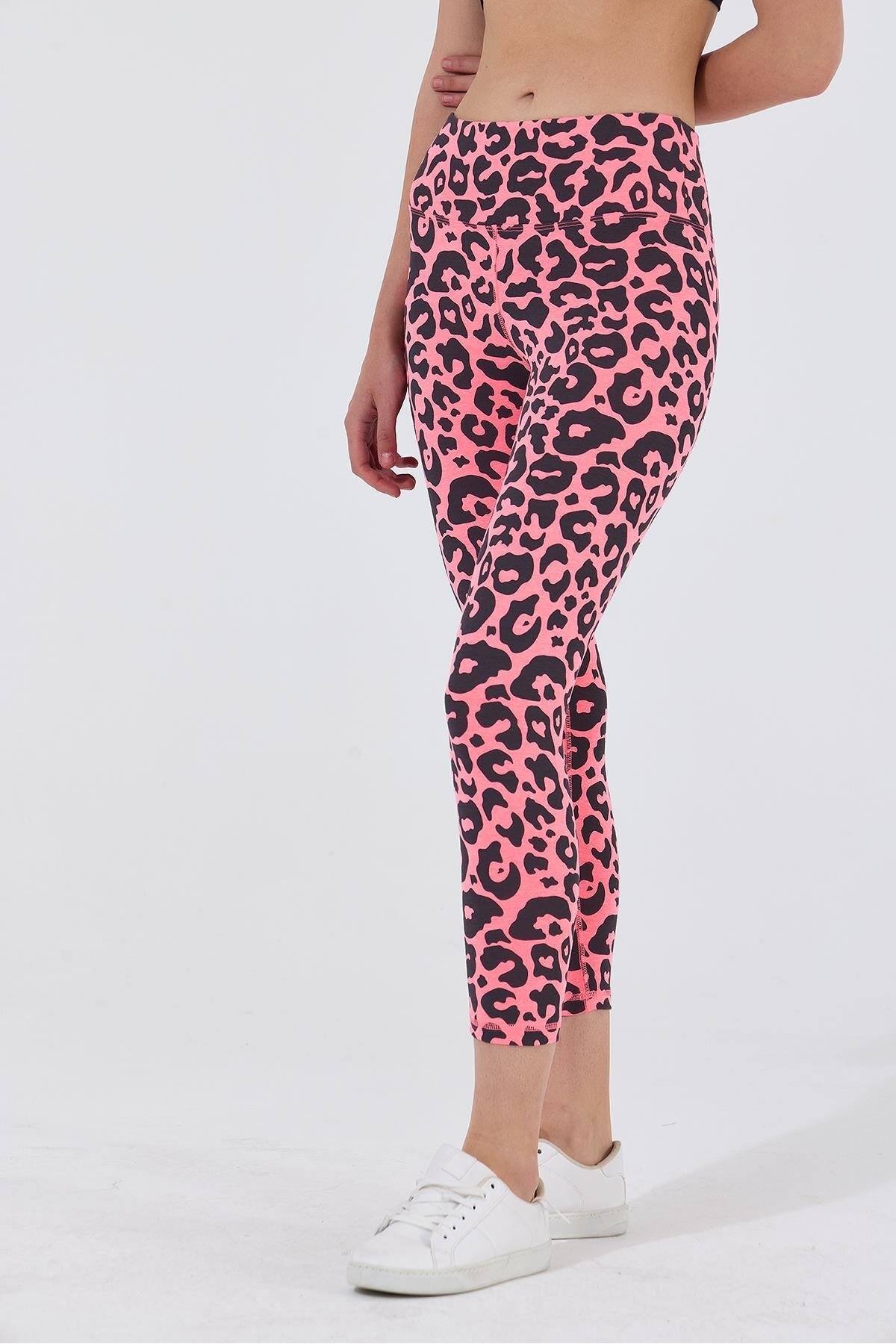 Polo State  Kadın Leopar Desenli Yüksek Bel Likralı Pamuk Tayt Pembe