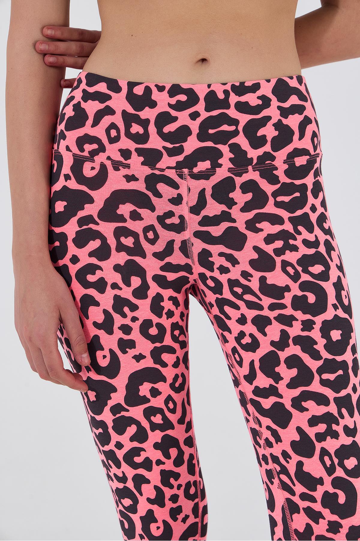 Polo State  Kadın Leopar Desenli Yüksek Bel Likralı Pamuk Tayt Pembe - Görsel 4