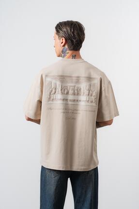 Respire Erkek Da Vinci Baskılı Oversize T-Shirt Bej