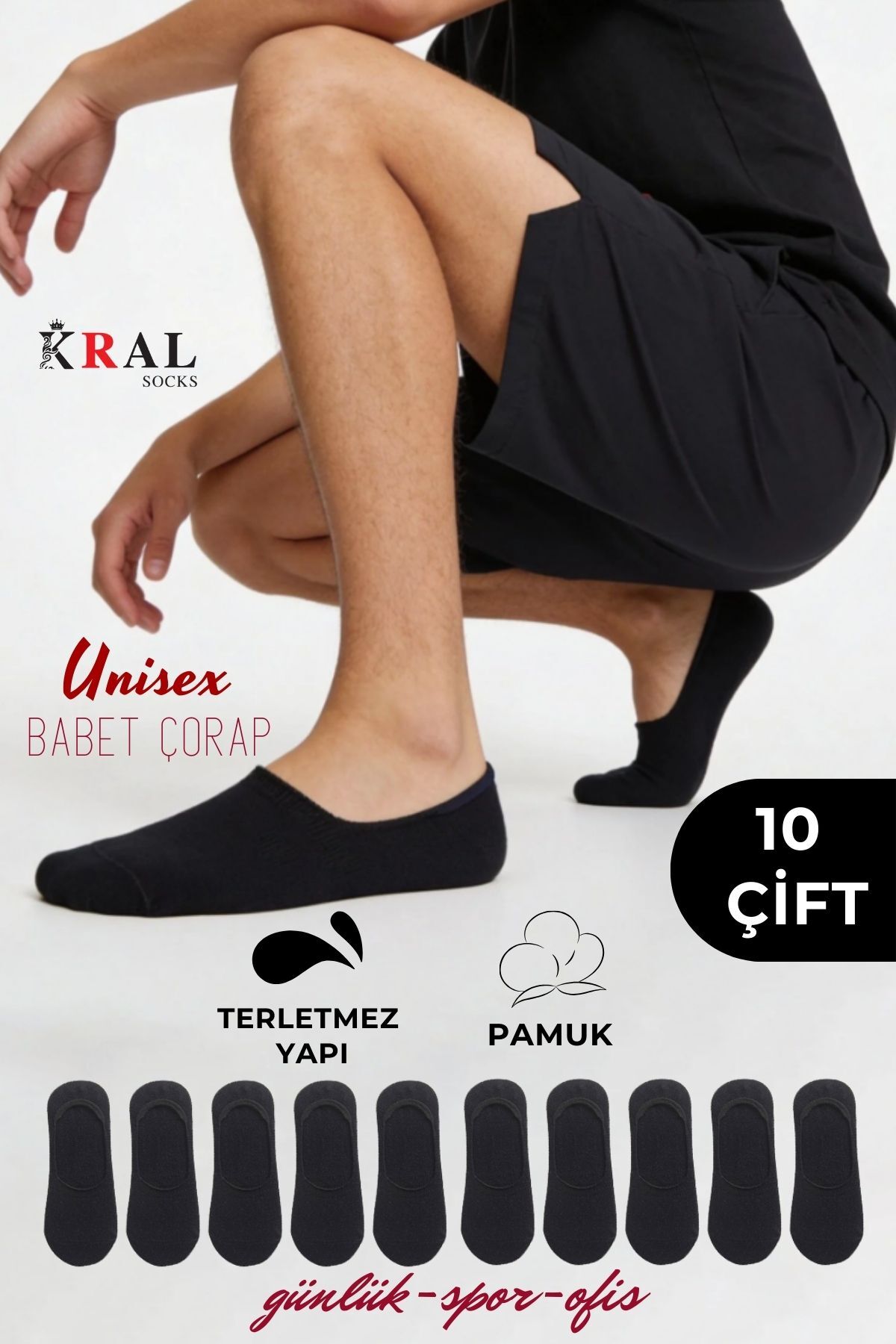 KRAL SOCKS 10 Çift Unisex Pamuklu Düz Desen Terletmez Babet Çorap