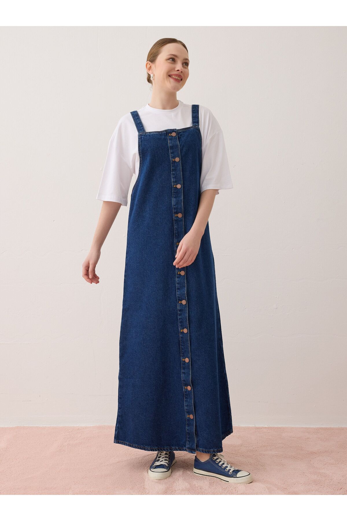 Benin  Pamuklu Denim Jile Elbise - Mavi - - Görsel 5