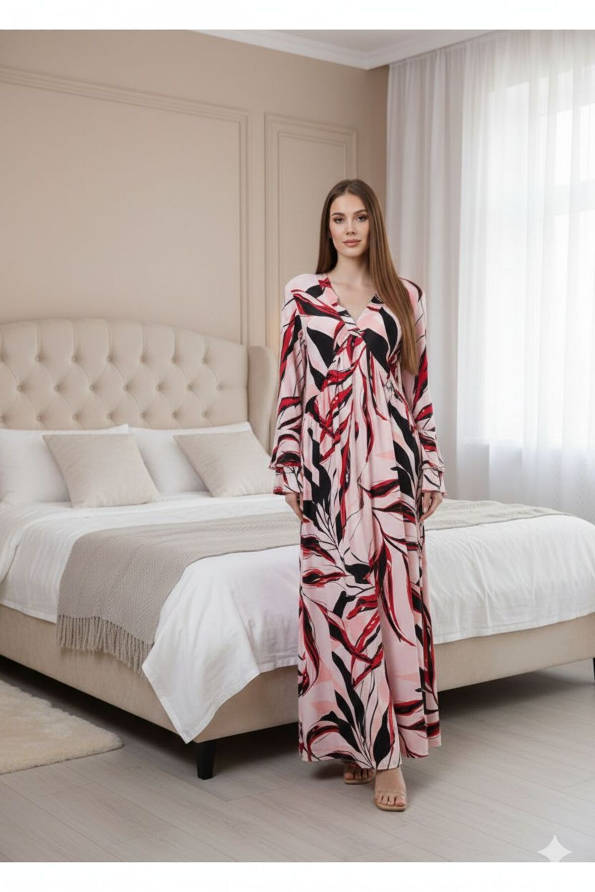 MANSHET gecelik uzun kol taam boy hamile için olur pembe desenlı  yazlık pamuklu ligralı