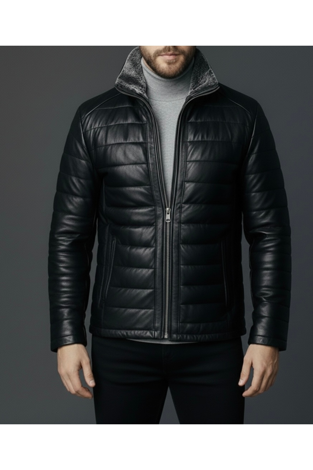 SAVARA  Slimfit yakası kürklü Siyah hakiki Deri Mont %100 Hakiki Gerçek Deri ( Yaka kürkü çıkarılabilir) - Görsel 3