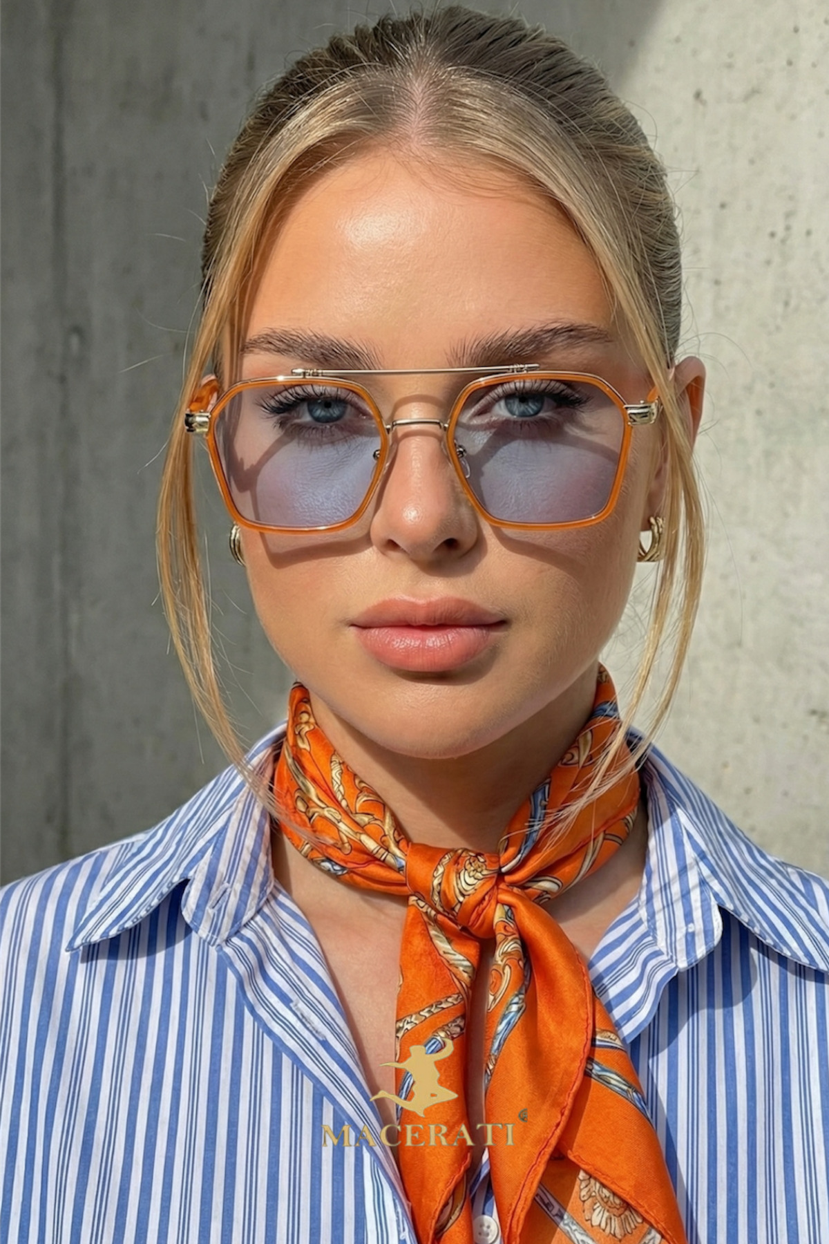 MACERATİ Ecş Unisex Vintage Mavi Cam Turuncu Çerçeve Güneş Gözlüğü görsel 2