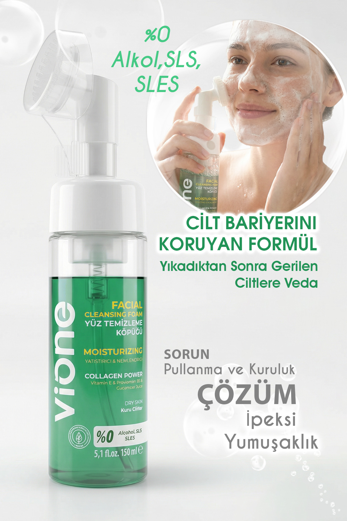 Kolajenli Yüz Temizleme Köpüğü Kuru Ciltler Için Yatıştırıcı Nemlendirici Masaj Başlıklı 150ml — VY01 — تصویر 3 از 3