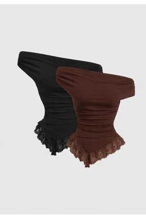 EVOA Kadın 2'li Madonna Yaka Tül Detaylı Büzgülü Asimetrik Bluz