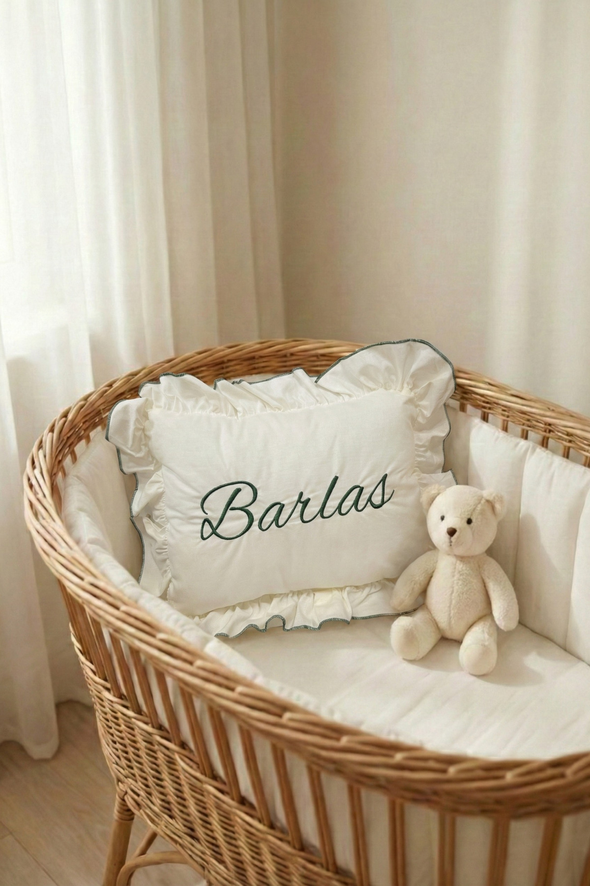 Personalized Embroidered Named Baby Pillow – Frilly, 35x35 cm Baby Pillow Soft & Stylish Design