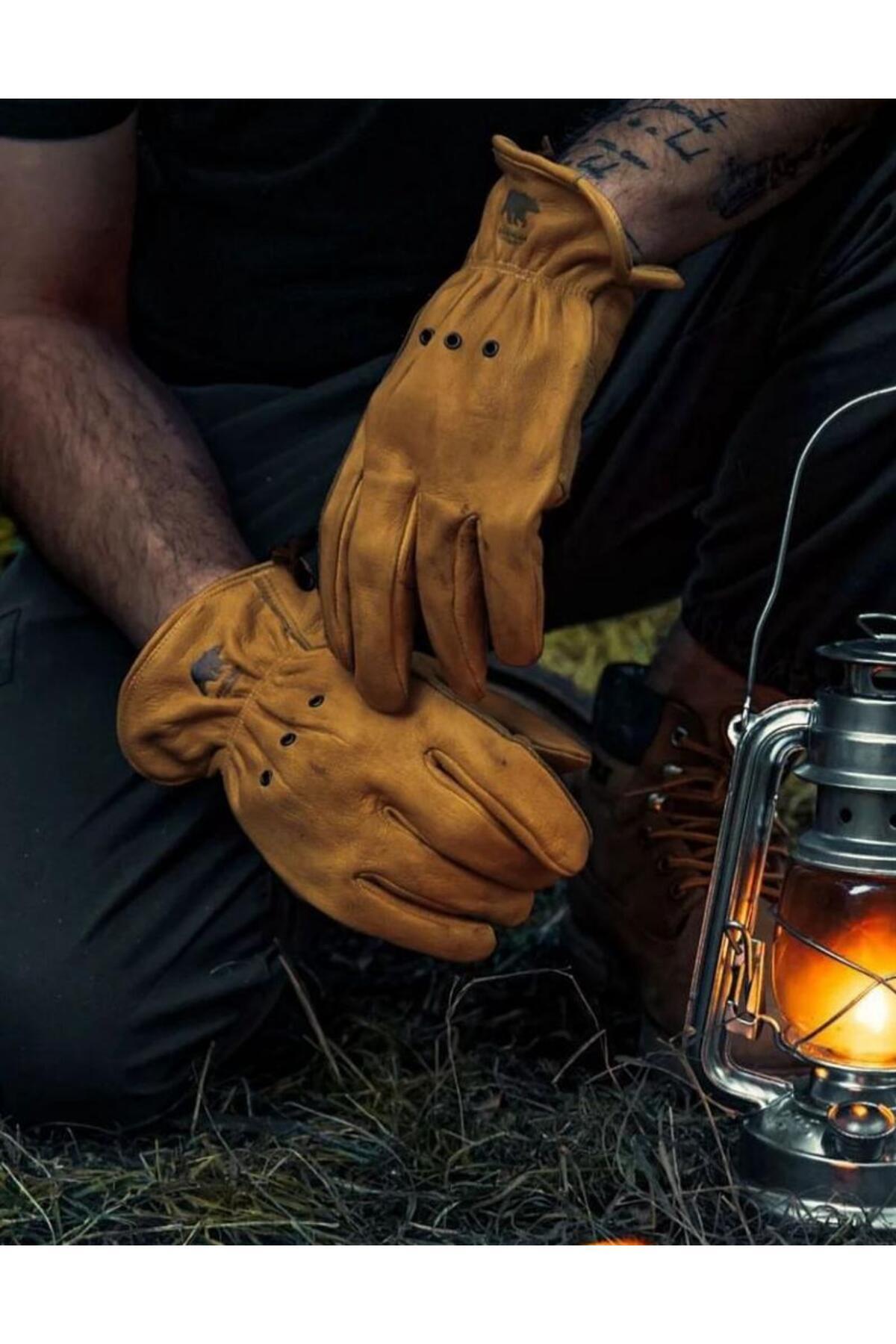 Craftman atölye Gerçek Deri Bushcraft Eldiven, Motorcu Eldiveni , Kamp ve İş Eldiveni görsel 4