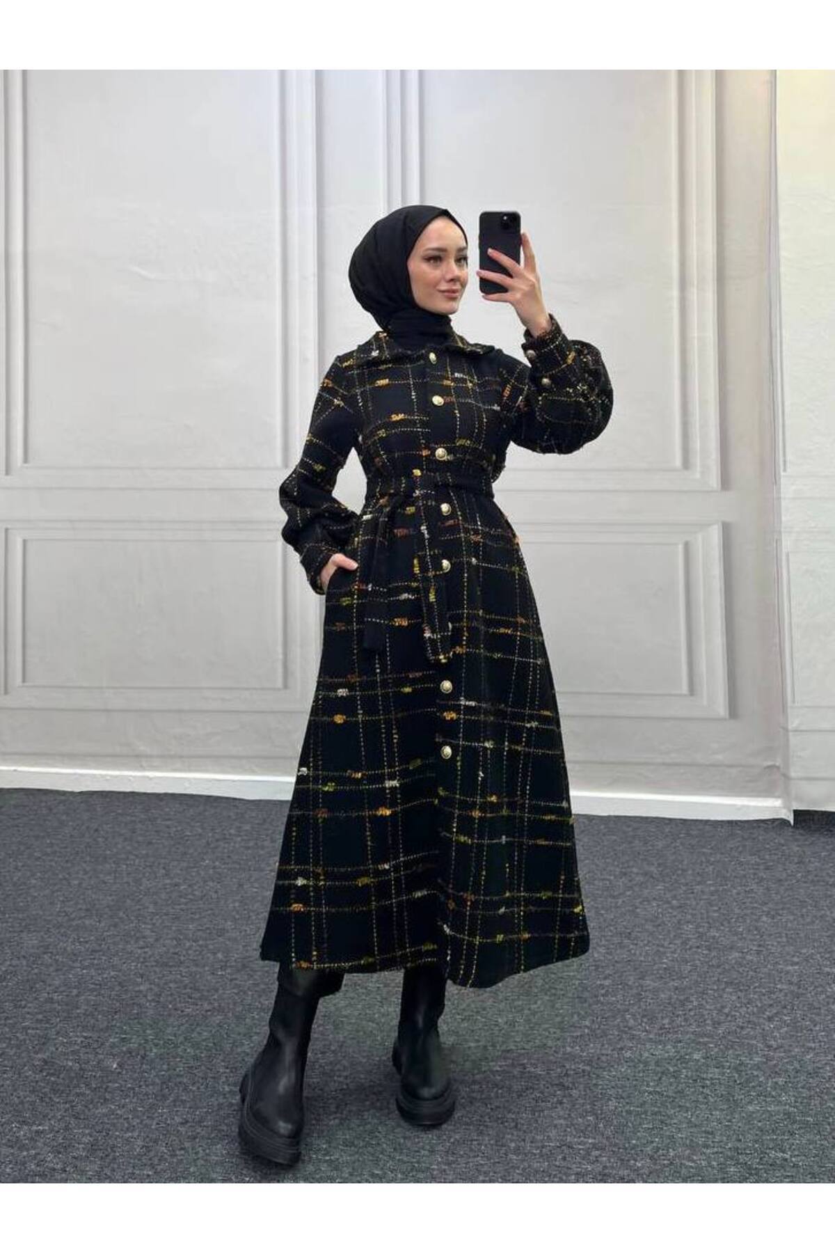 Esre Store  4449 - Renk Detaylı Tesettür Kaban Kahverengi - Görsel 6