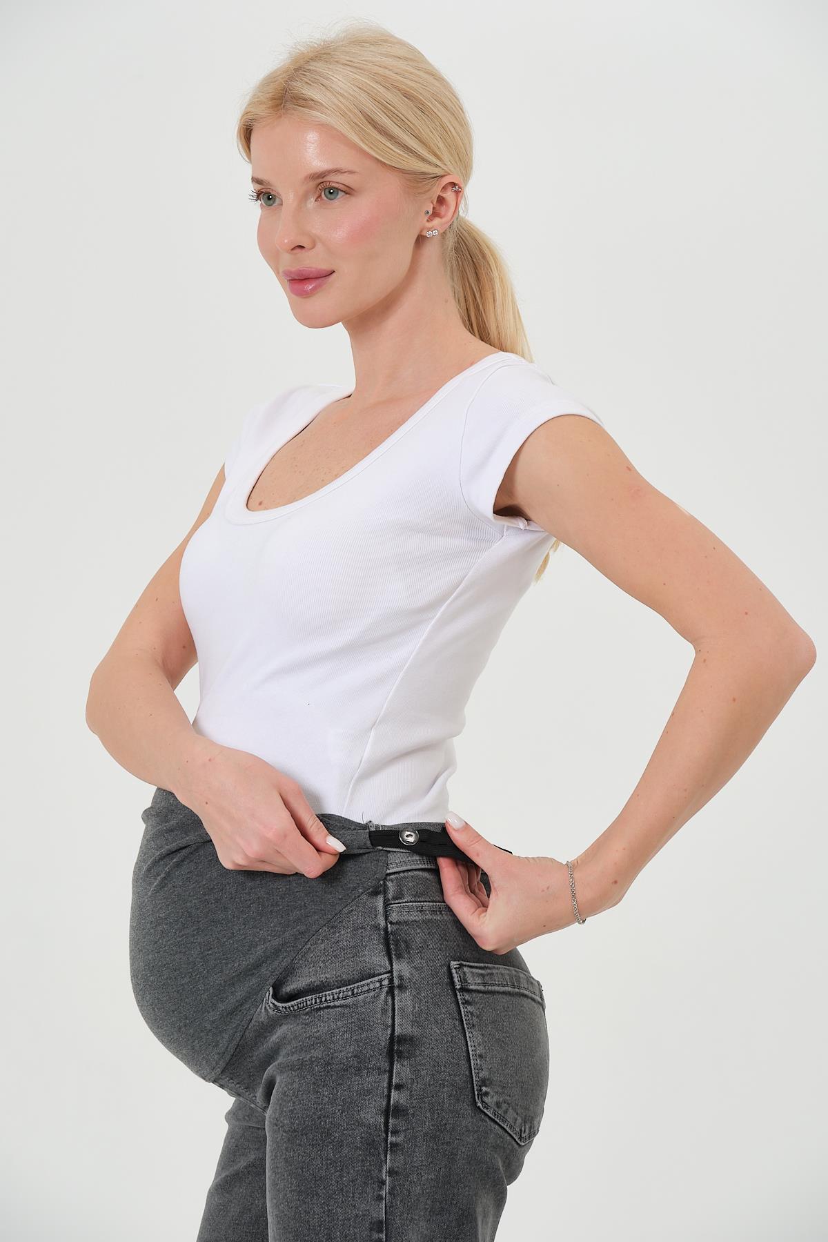 BUSA Hamile Karnı Saran Esnek Bantlı Arka Kemerli Bol Paça Kot Pantolon ANTRASİT fotoğrafı 7 (önizleme)