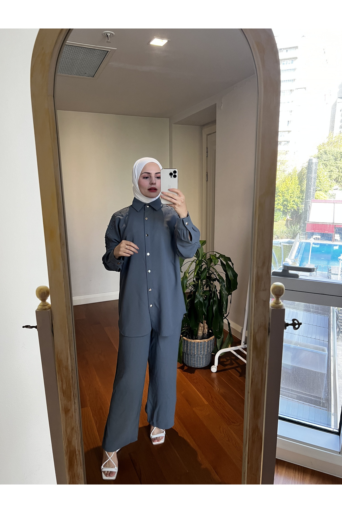 Esre Store Gray Hijab Trousers and Shirt Double Set