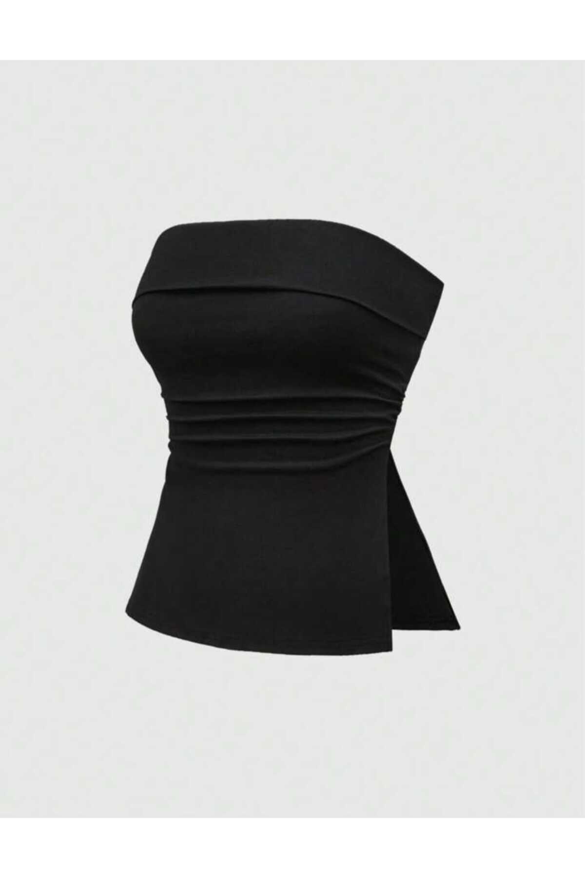 EVOA  Kadın Straplez Yırtmaç Detaylı Drapeli Büstiyer Bluz