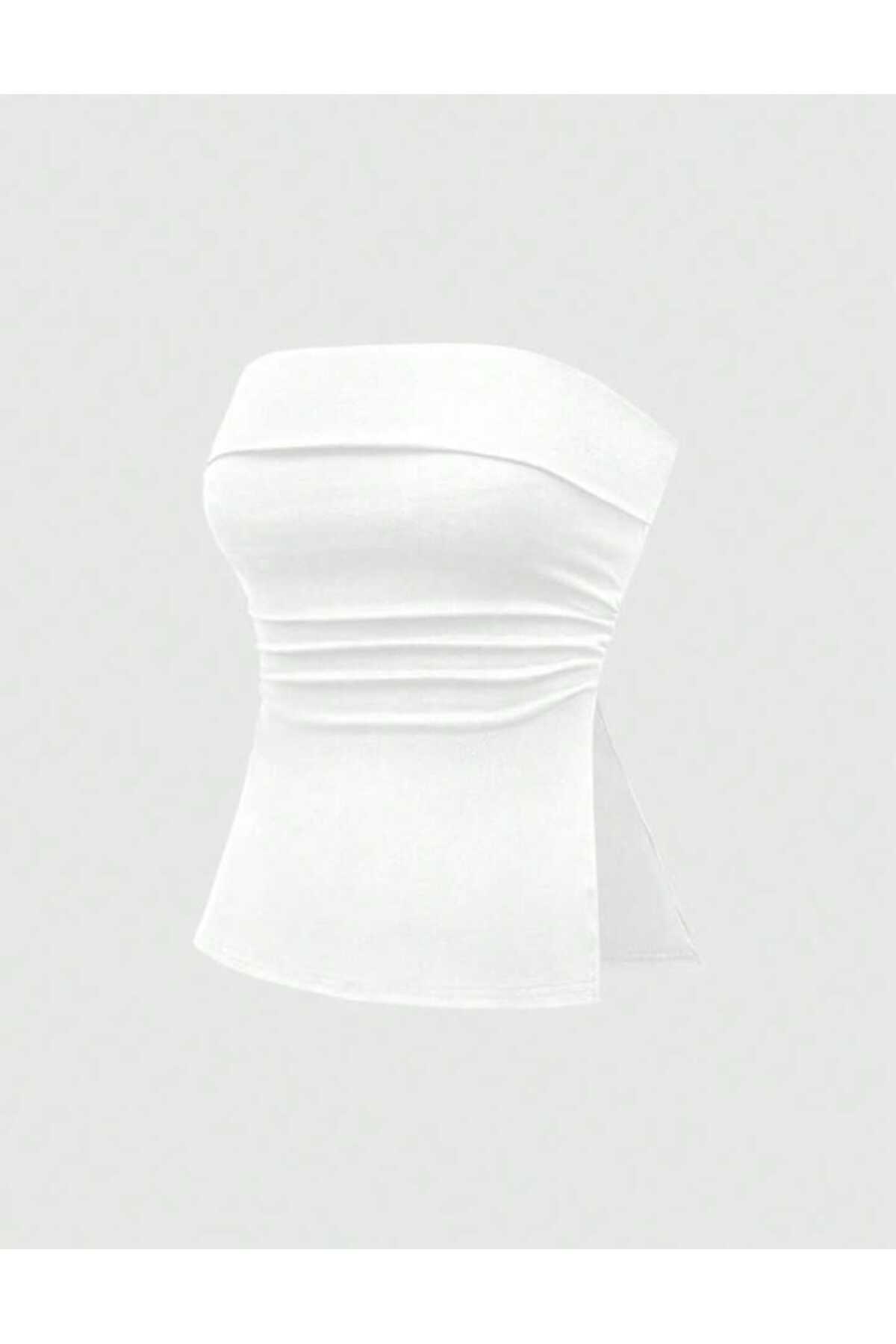 EVOA  Kadın 2'li Straplez Yırtmaç Detaylı Drapeli Büstiyer Bluz - Görsel 4