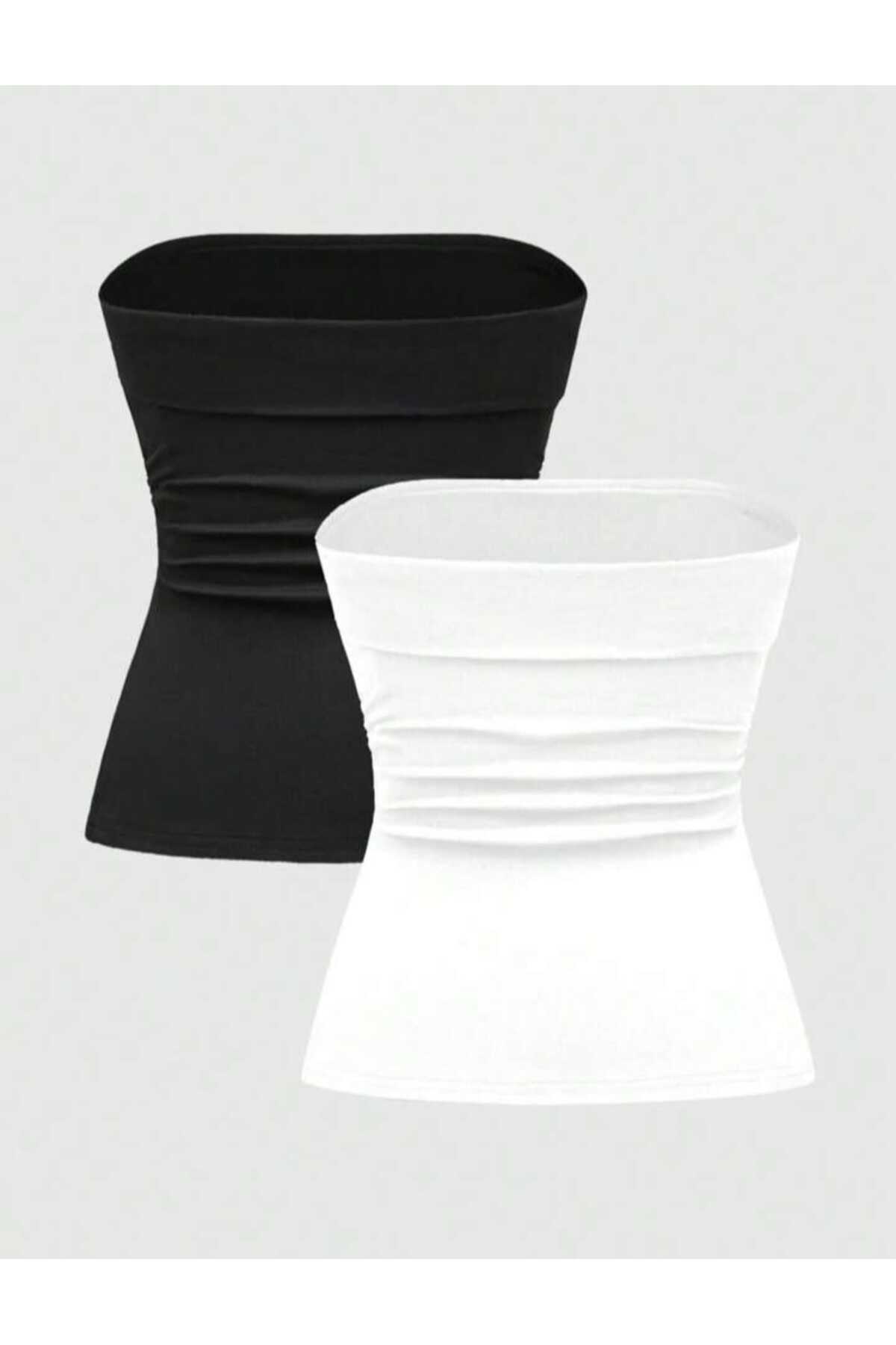 EVOA  Kadın 2'li Straplez Yırtmaç Detaylı Drapeli Büstiyer Bluz - Görsel 2