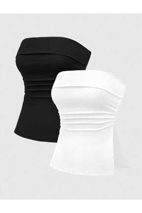 EVOA Kadın 2'li Straplez Yırtmaç Detaylı Drapeli Büstiyer Bluz