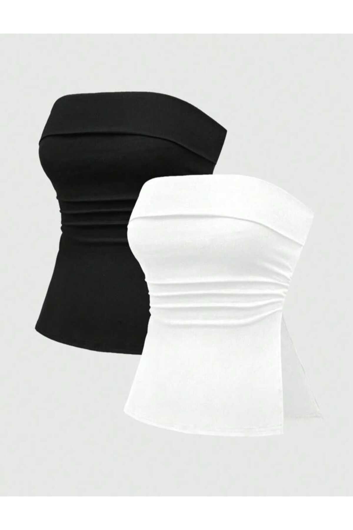 EVOA  Kadın 2'li Straplez Yırtmaç Detaylı Drapeli Büstiyer Bluz