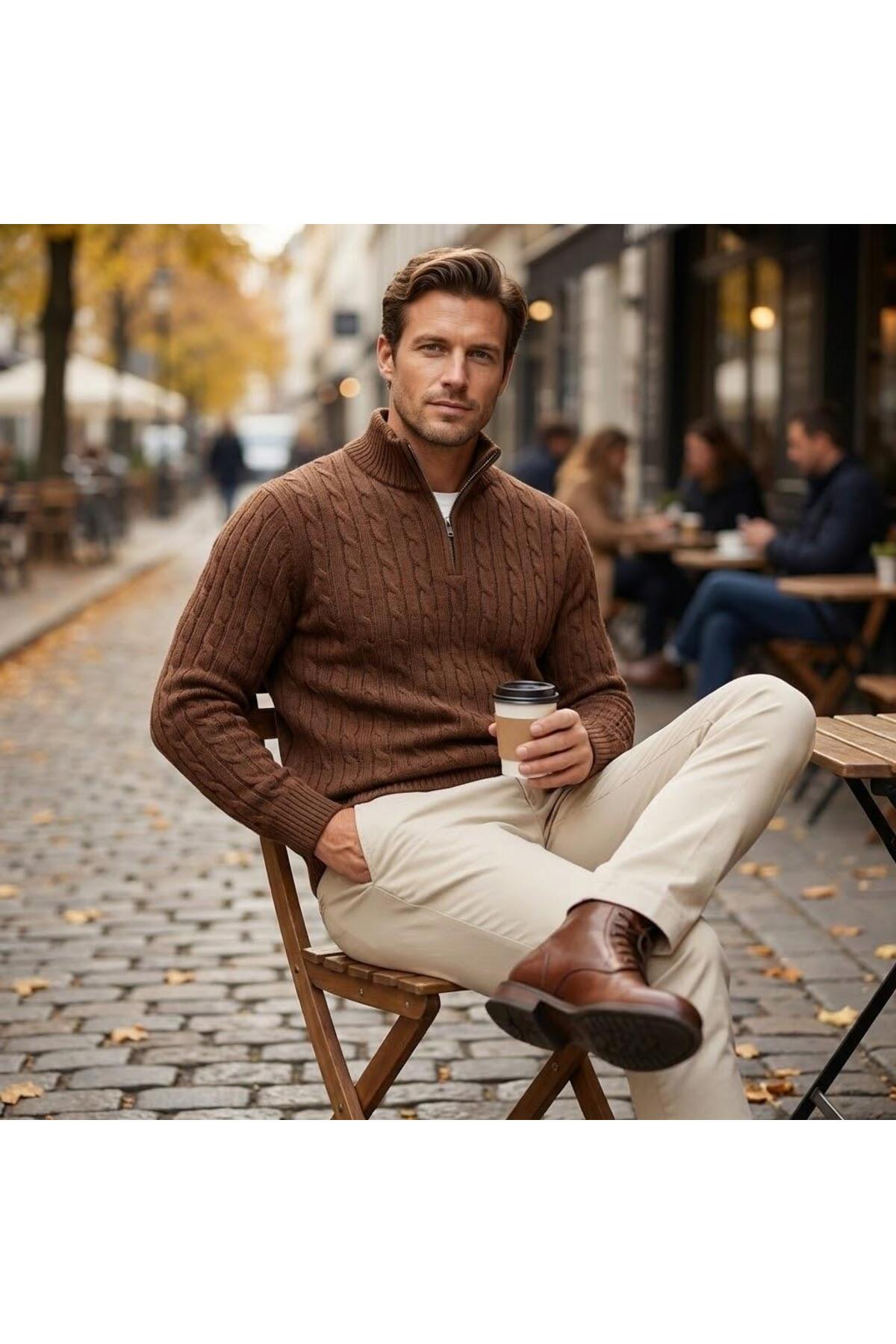 Valiberta  Bardem Saç Örgülü Yarım Fermuar Erkek Triko Kazak - Kahve - Görsel 5