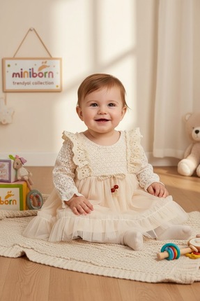 MİNİBORN YENİ DOĞAN KIZ UZUN KOLLU NATURAL  ROBA VE KOL ÖRME DETAY ELBİSE