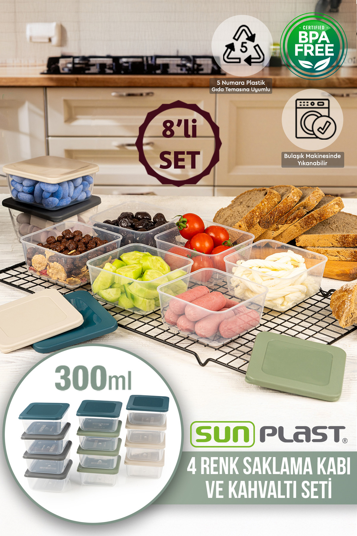 Sunplast 8'li KARE Kahvaltı Seti - Sızdırmaz Silikon Kapaklı Erzak