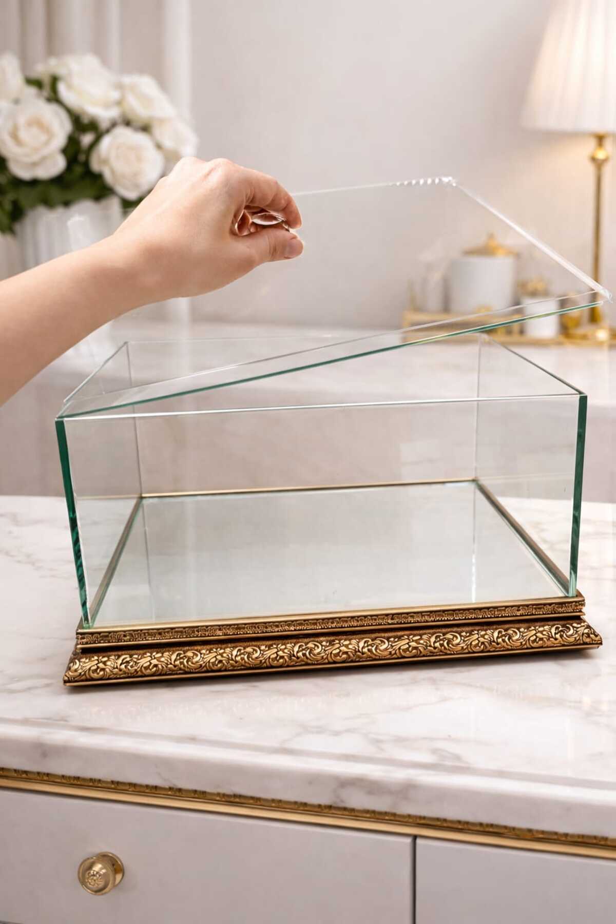 Cam İşlemeli Çeyiz Kutusu Söz Nişan Gelin Damat Bohça Kutusu Büyük Boy/ 40*30*20