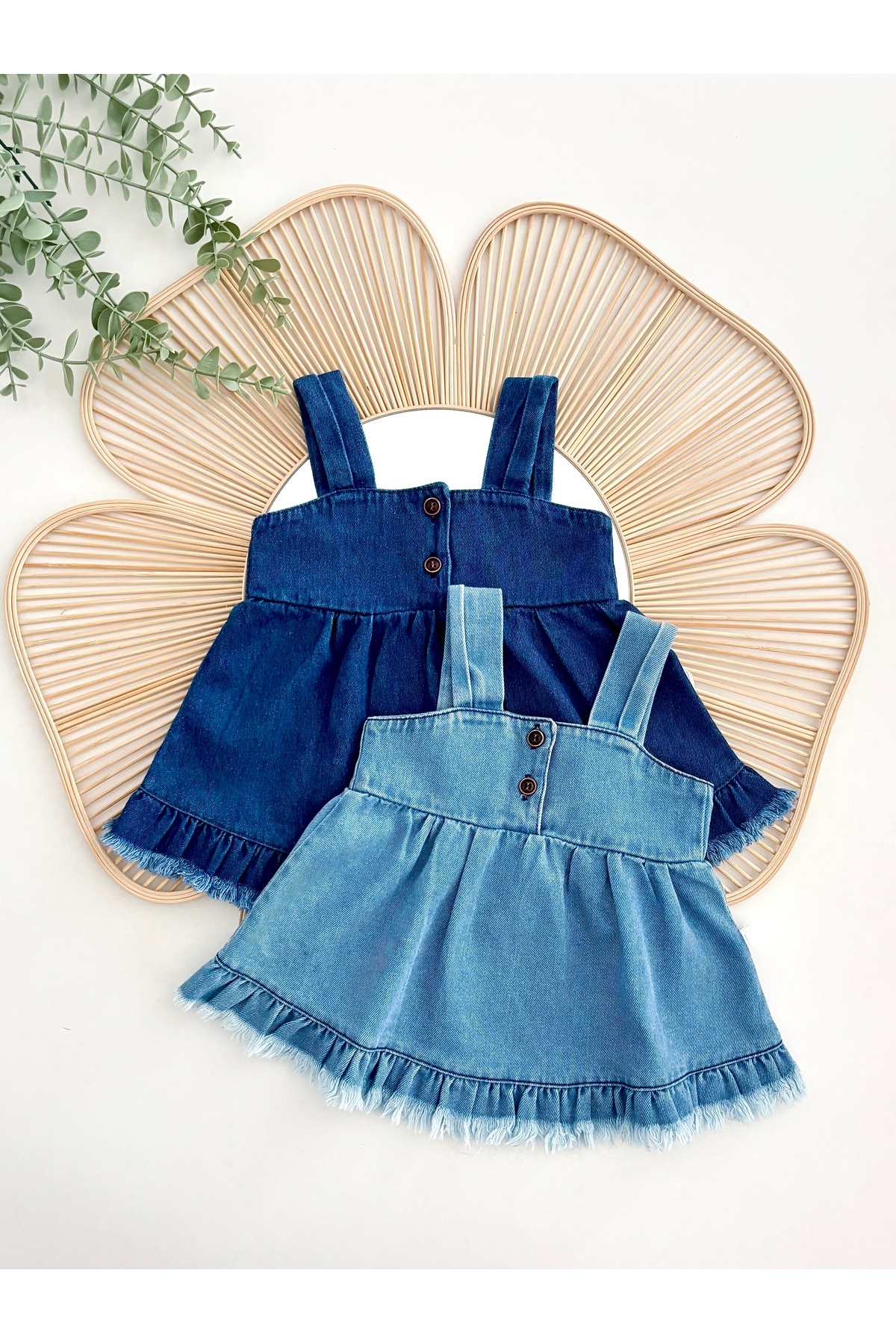 Jammybaby Püsküllü Kot Jile Elbise %100 Pamuk Likralı Ribana Balon Bluz Lüks Jean Kız Bebek Takım fotoğrafı 2 (önizleme)