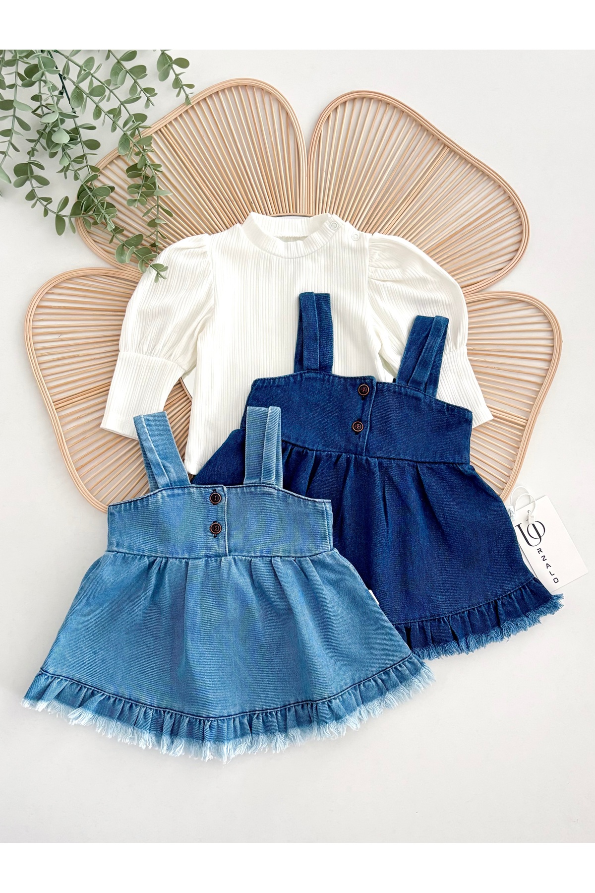 Jammybaby Püsküllü Kot Jile Elbise %100 Pamuk Likralı Ribana Balon Bluz Lüks Jean Kız Bebek Takım fotoğrafı 4 (önizleme)