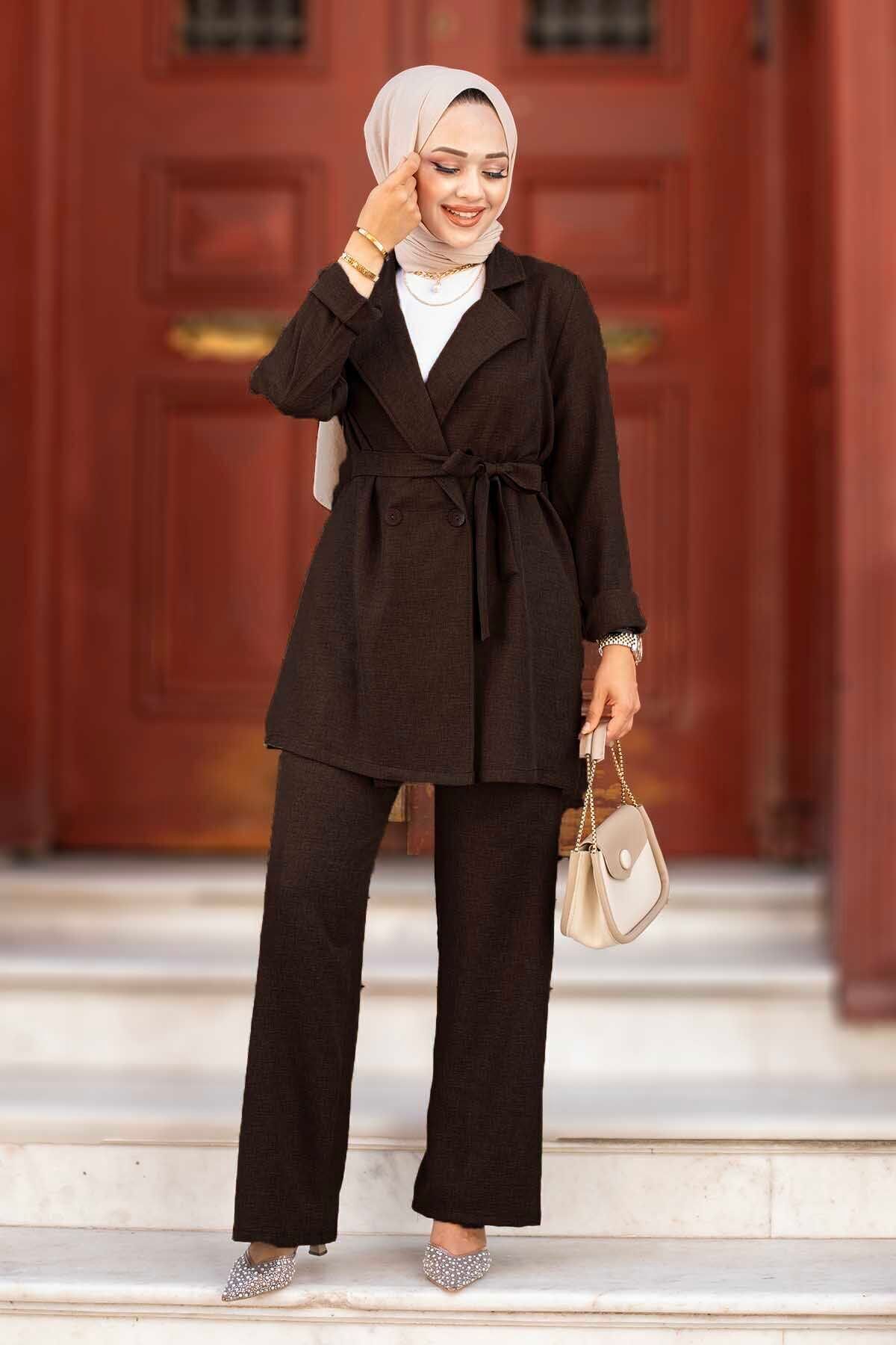 EBRUTESETTÜR Blazer Jacket Hijab Double Set Brown