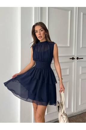 MAXMOOR ARON KOLSUZ MİNİ ŞİFON LACİVERT ELBİSE