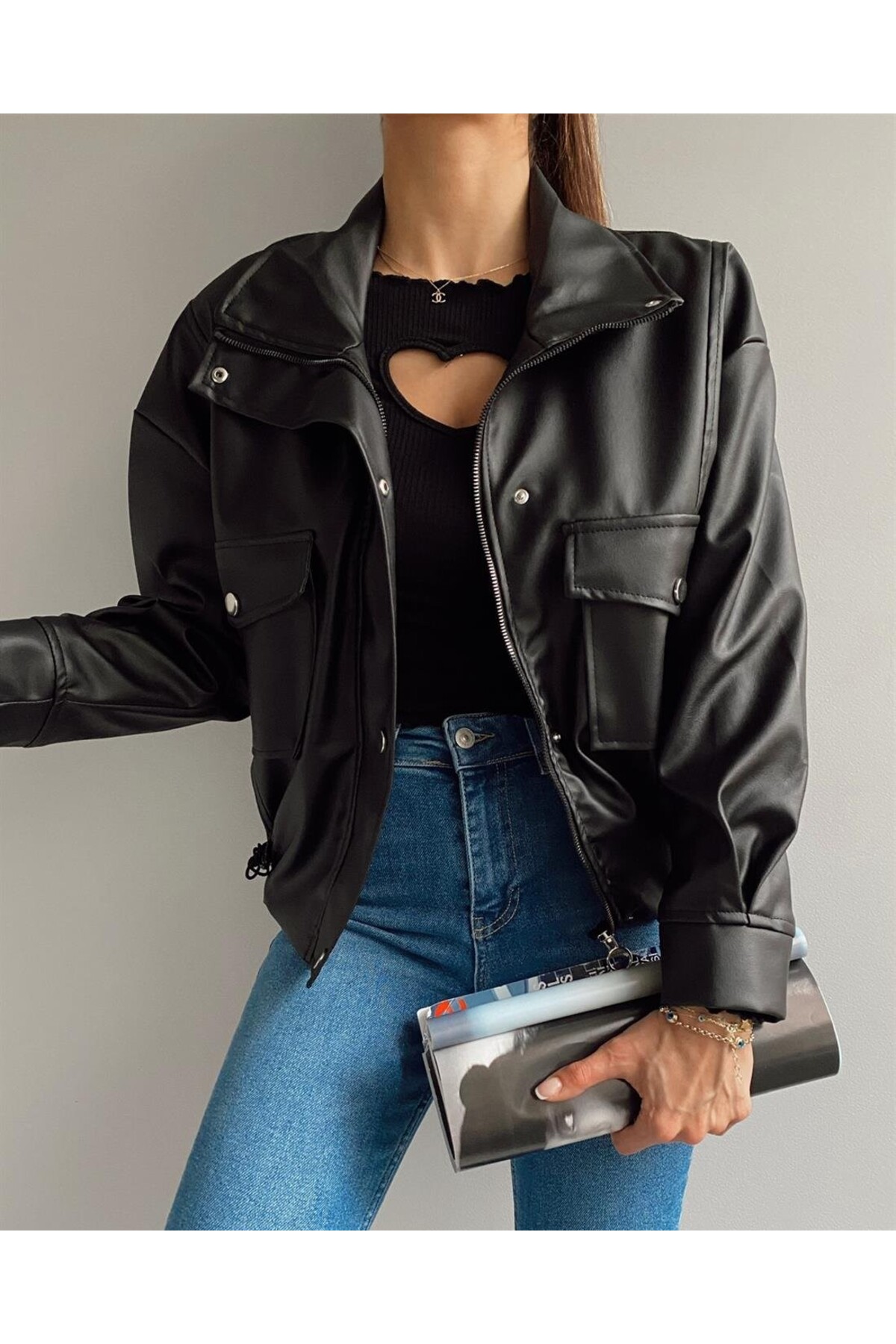 VESS MODA  Çift Cep Yan Büzgülü Oversize Deri Ceket