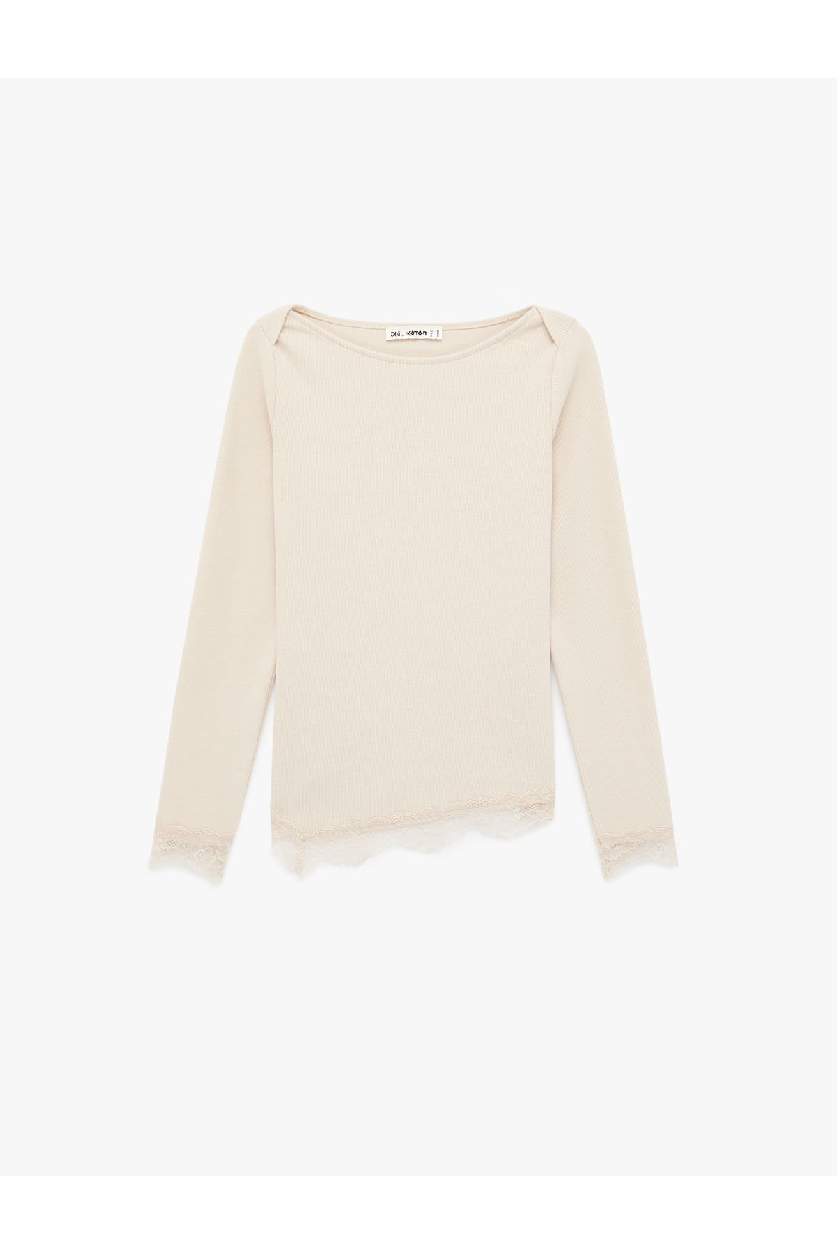 Koton Lace Detailed Asymmetrical Cut Boat Neck Long Sleeve T-Shirt
