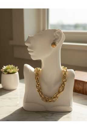 MY ESTA JEWELRY GOLD RENK HALKALI ZİNCİR ÇELİK KOLYE VE TOP KÜPE SETİ