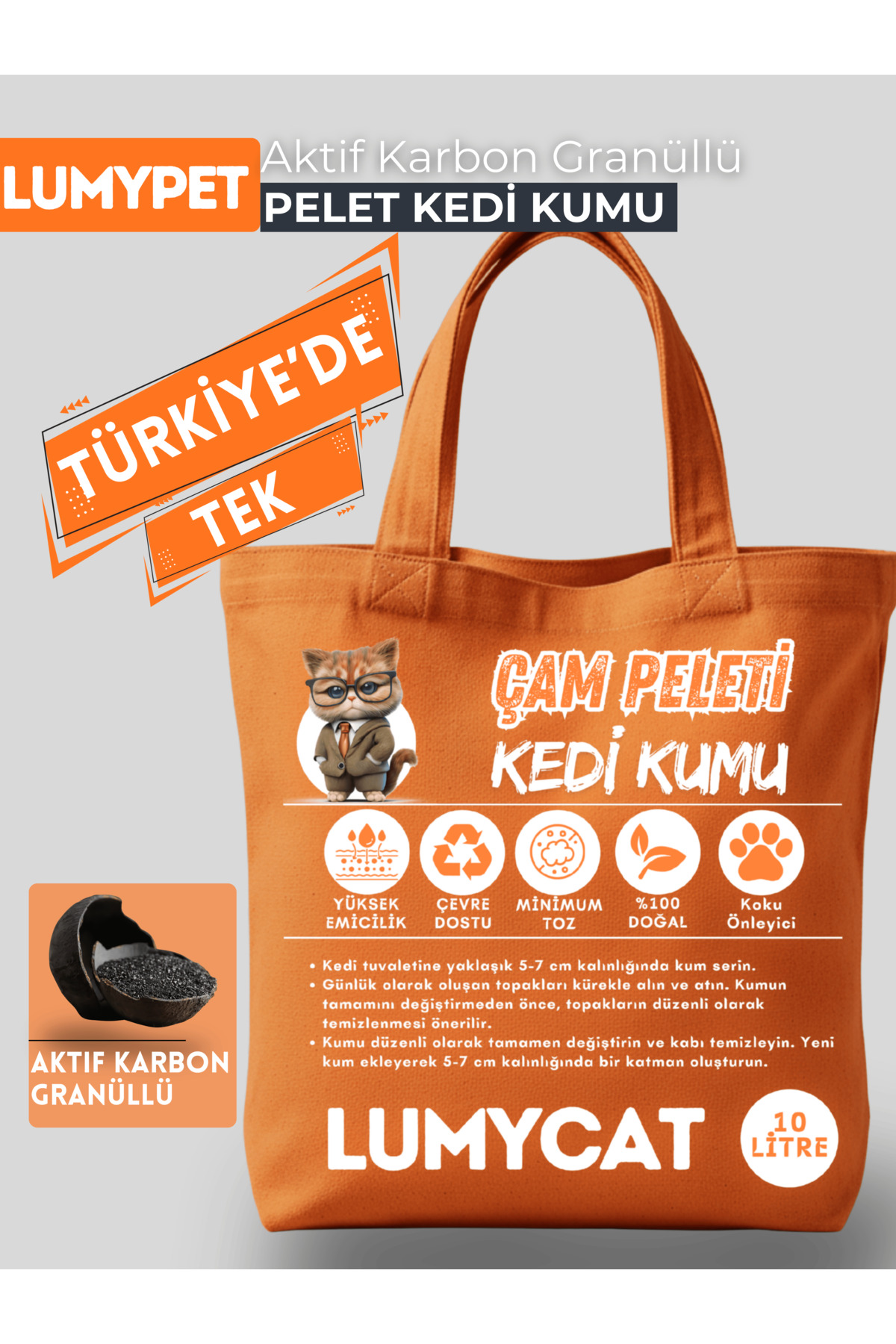 LUMYCAT Kedi Kumu - Aktif Karbon Granüllü Çam Peleti, Doğal, Tozsuz, Çam Kokulu, 10 Litre - Premium Kalite