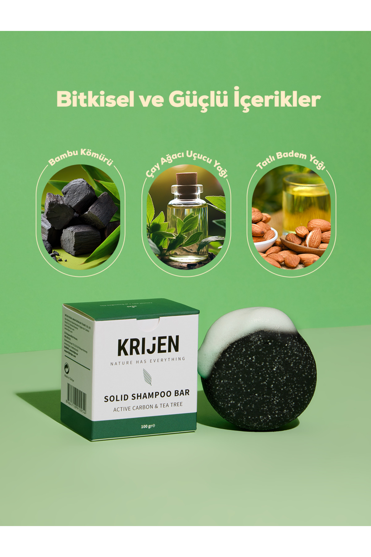 Aktif Karbon & Çay Ağacı Katı Şampuanı | Yağlı Saçlar - Bitkisel Keratin &e Vitamini& Panthenol — تصویر 3 از 9