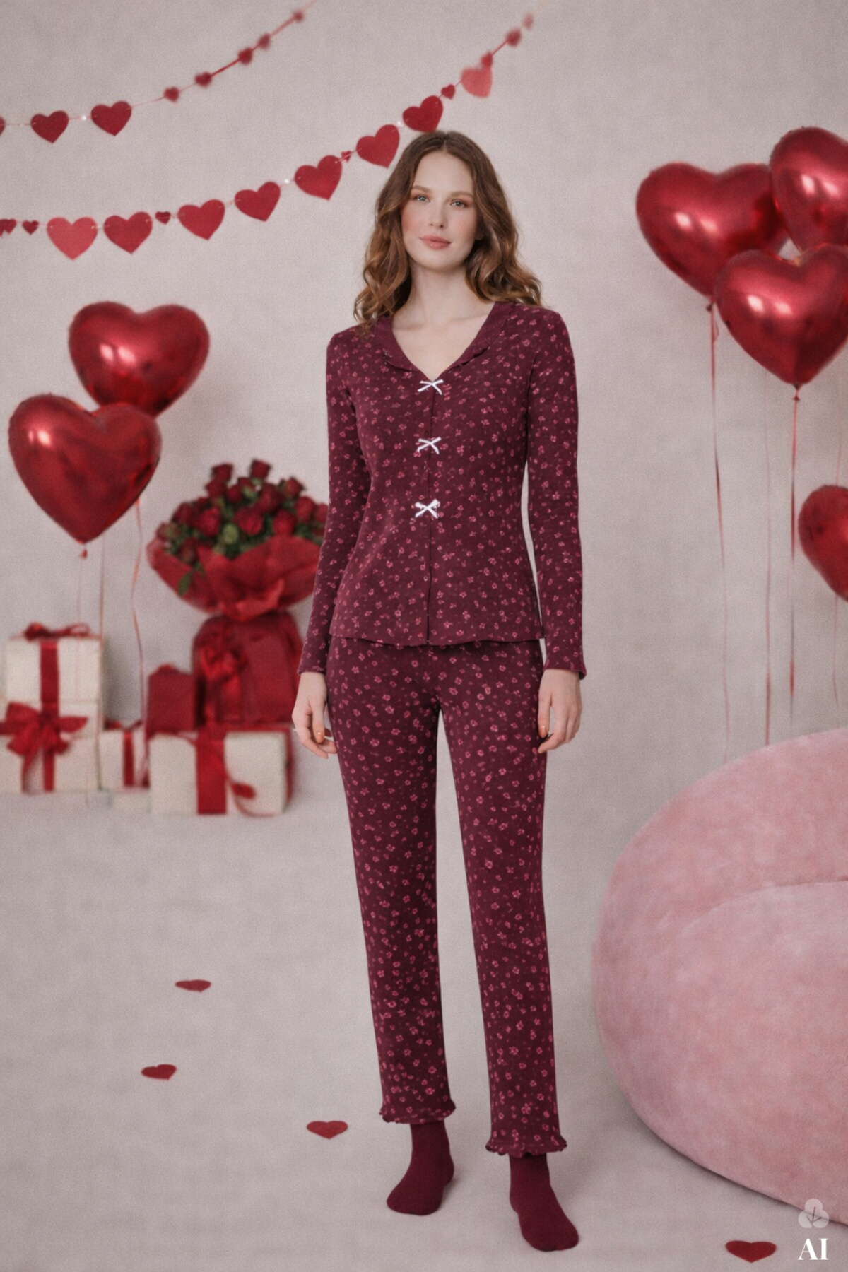 koza iç giyim Kadın Pamuklu Çıtır Çiçek Desenli Baby Overloklu Fiyonklu Uzun Kollu Pijama Takımı