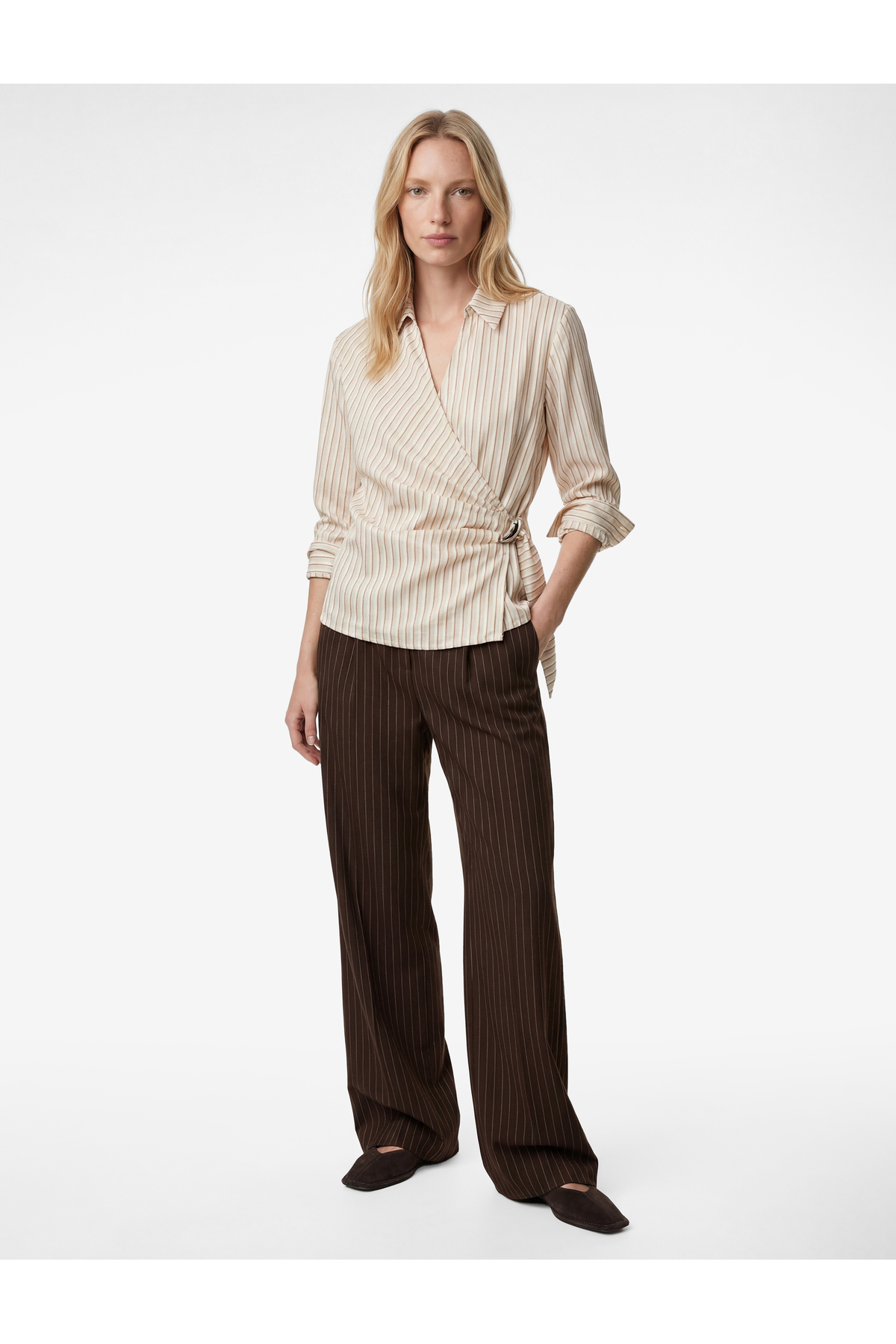 Koton Long-Sleeved Accessorized Side-Tie Detail Double-Breasted Striped Shirt