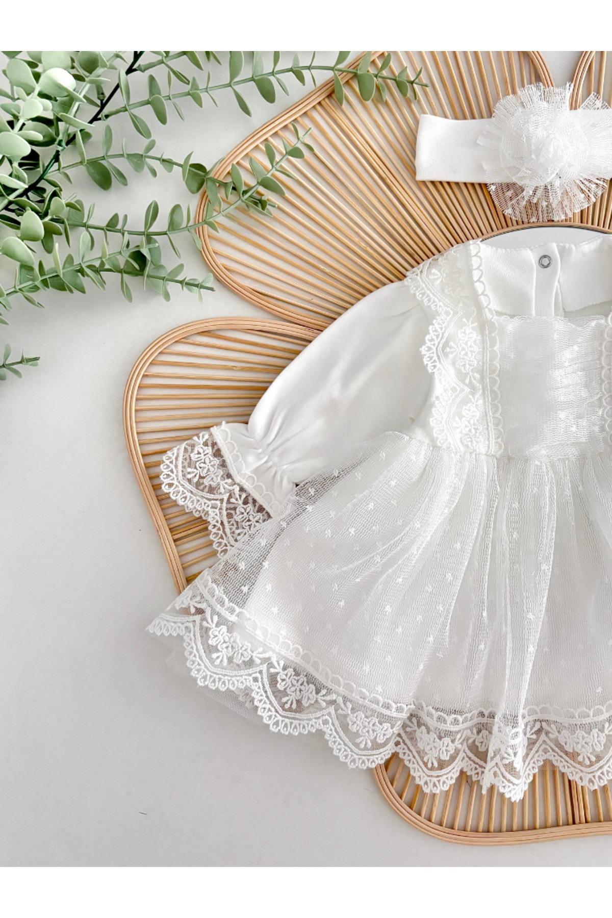 Jammybaby Carmen Elbise %100 Pamuk Penye Tül Dantelli Yenidoğan Kız Bebek Mevlüt ve Özel Gün Bandanalı Takım fotoğrafı 5 (önizleme)