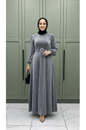 Genel Markalar SULTAN ABİYE Simli ve Taşlı Kumaş Kadın Gri Kemer Detaylı Düğü...