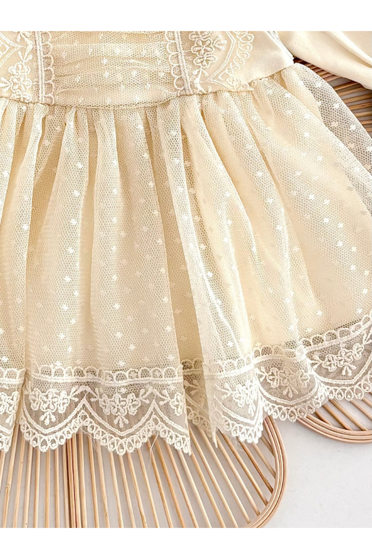 Jammybaby Carmen Elbise %100 Pamuk Penye Tül Dantelli Yenidoğan Kız Bebek Mevlüt ve Özel Gün Bandanalı Takım fotoğrafı 3 (önizleme)