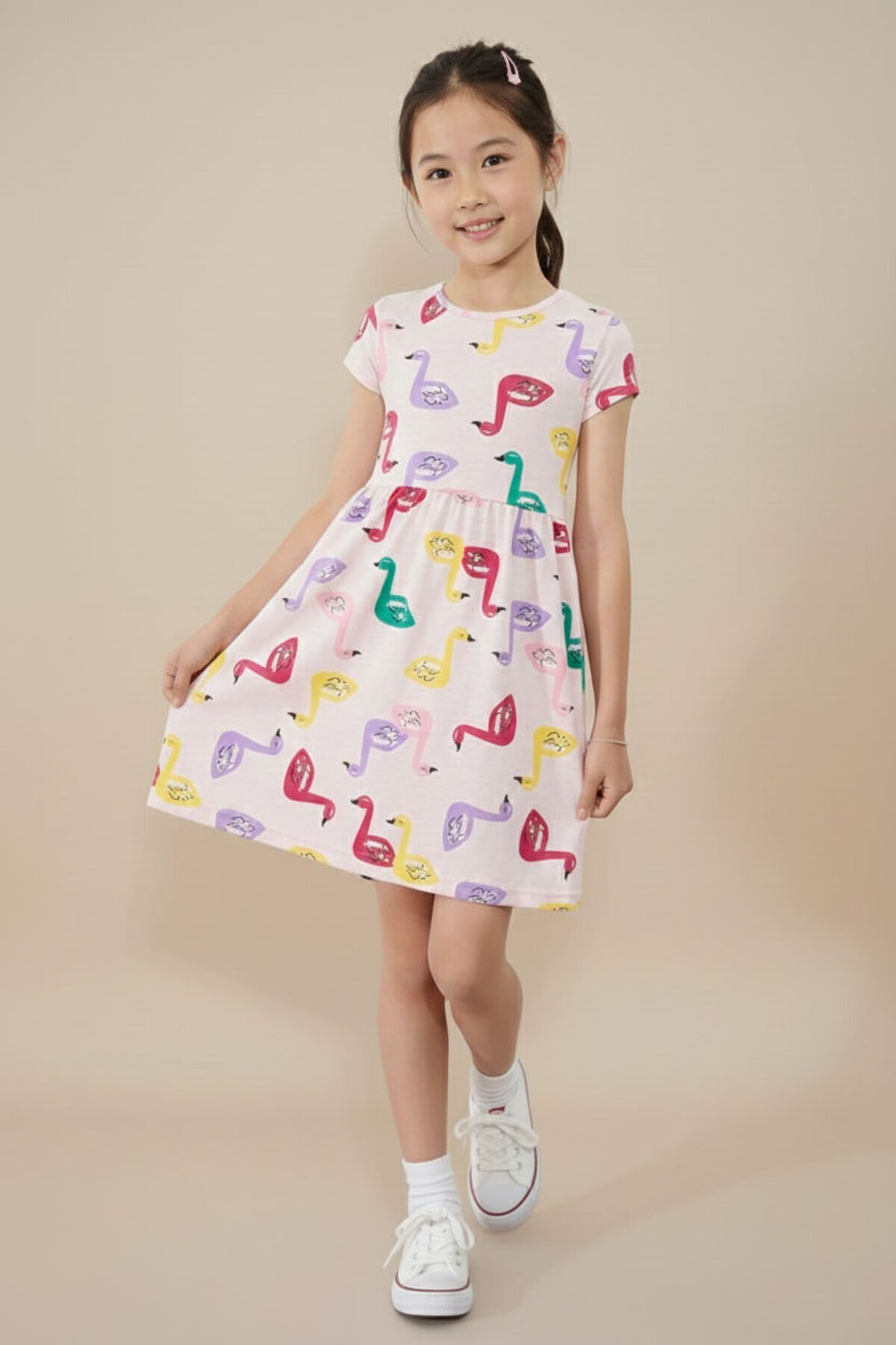 Salmon Swan Printed Short Sleeve Girl Summer Dress