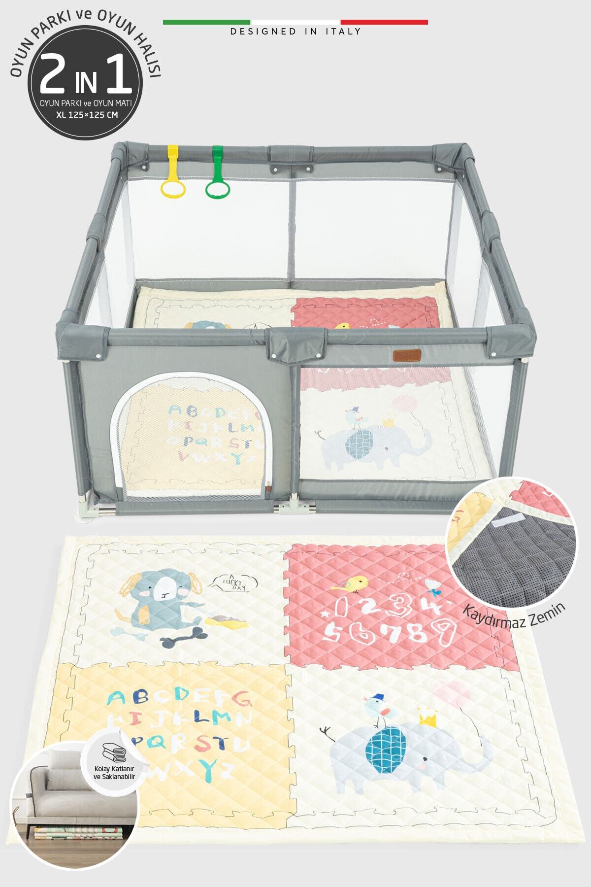 Elele Parma 2in1 Oyun Parkı Oyun Alanı ve Oyun Matı Halısı 125x125 cm Koyu Gri fotoğrafı 5 (önizleme)