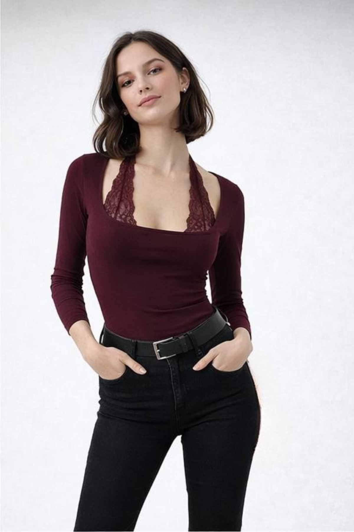 LOVES AGAZA  Bordo Bağlamalı Dantelli Uzun Kol Bluz - Görsel 2