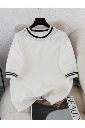 De Pose Kadın Ekru Yaka İnci Işlemeli Siyah Beyaz Basic Kadın Triko T-shirt